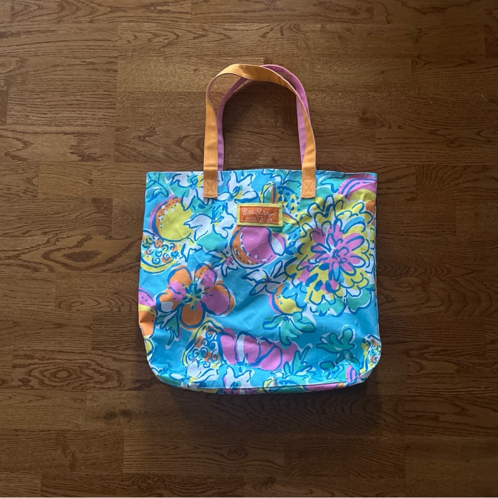 Lilly Pulitzer Estee Lauder Blue Pink Orange PrintTote Hand Shoulder Bag Shopper